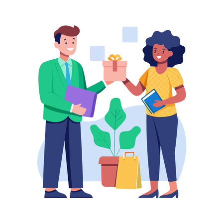 Business professionals exchanging gift and book in flat vector art with office settingのイラスト素材