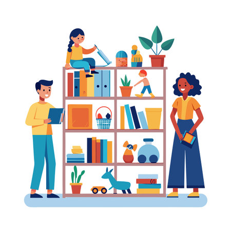 Diverse family enjoying books and toys near a bookshelf in a flat vector styleのイラスト素材