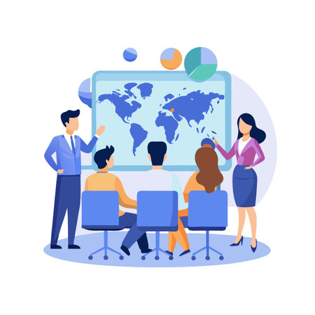 Global business strategy meeting with team collaboration and world map analysis for market insightsのイラスト素材