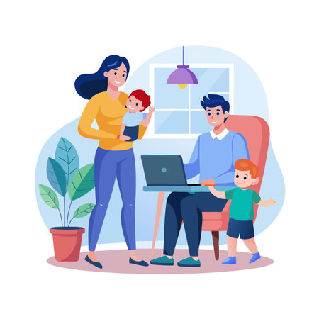 Modern family working from home with young children in a bright, cozy environmentのイラスト素材