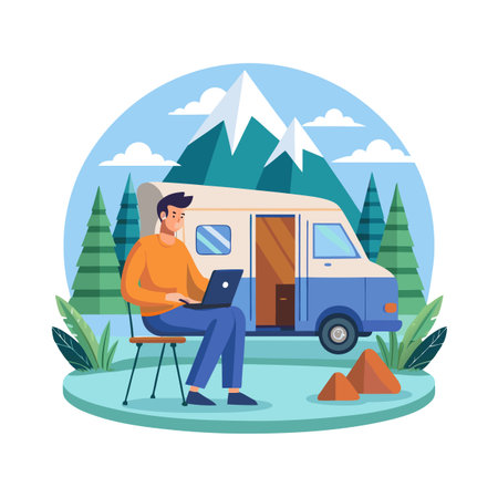 Man working on laptop outside RV with mountain backdrop symbolizes remote work and travelのイラスト素材