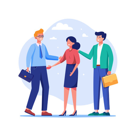 Two businessmen welcoming a female partner in a flat cartoon vector illustrationのイラスト素材