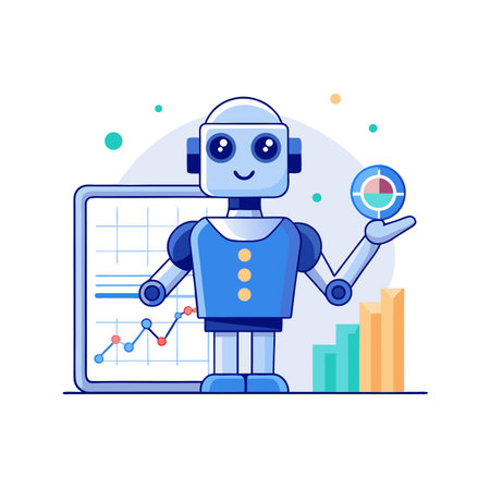 Robotic Data Analyst Presenting Market Insights with Graphs and Charts, Aiming Target, AI and Business Conceptのイラスト素材