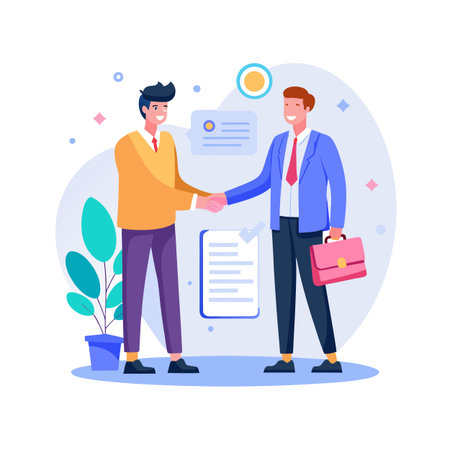 Business professionals shaking hands after agreement on contract terms in flat vector illustrationのイラスト素材