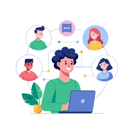 Man Using Laptop for Virtual Meeting with People Connected by Circlesのイラスト素材