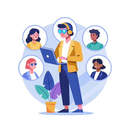 Flat vector illustration of online meeting with diverse coworkers using video callのイラスト素材