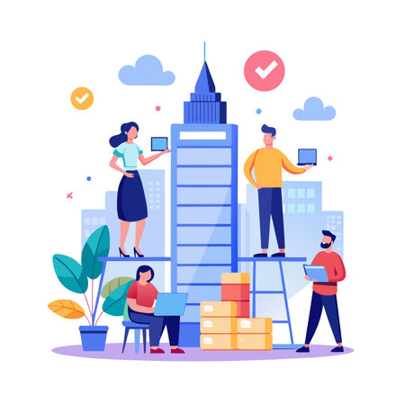 Teamwork and Achievement: Business Professionals Celebrating Success in a City Environment with Technologyのイラスト素材