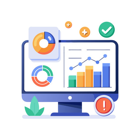 Computer screen showcasing financial data and analysis, flat illustration for business and finance.のイラスト素材