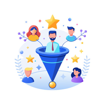 Sales funnel concept illustration showing customer filtration process to reach business goals and objectivesのイラスト素材