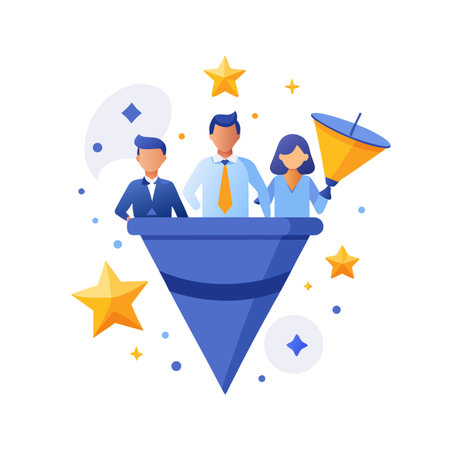 Sales funnel graphic illustration symbolizing team success and business conversion, with blue funnel and golden starsのイラスト素材