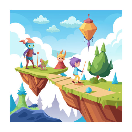 Fantasy landscape with floating islands, characters, and whimsical architecture in cartoon styleのイラスト素材