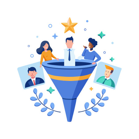 Sales funnel with diverse team members, star symbol at the top, a marketing conceptのイラスト素材
