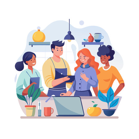 Diverse team collaborating on a project around a laptop, plants and kitchenware visibleのイラスト素材