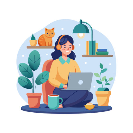 Woman working on laptop with cat, plants, and books in cozy workspaceのイラスト素材