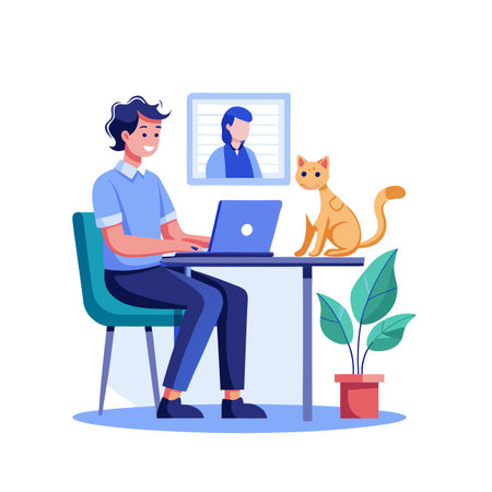 Man Working from Home with Cat and Video Call in a Flat Style Illustrationのイラスト素材