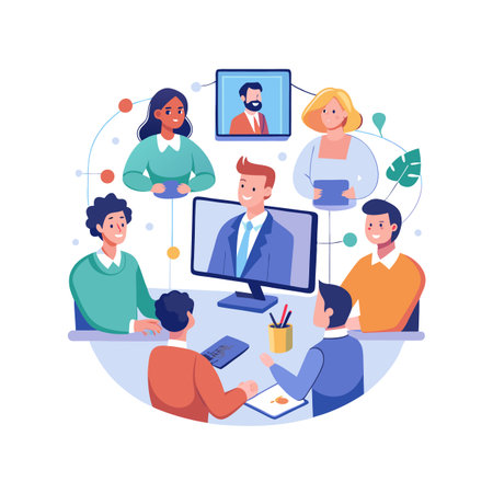 Online Meeting Illustration: Business Team Collaborating Through Video Conference Technologyのイラスト素材