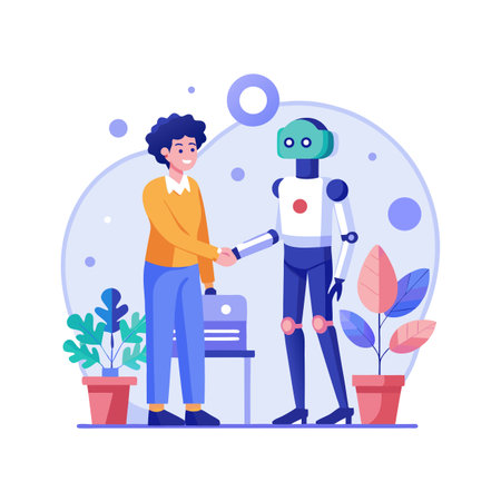 Human and Robot Shaking Hands, Illustrating Collaboration and Future Technology, in a Clean Flat Styleのイラスト素材