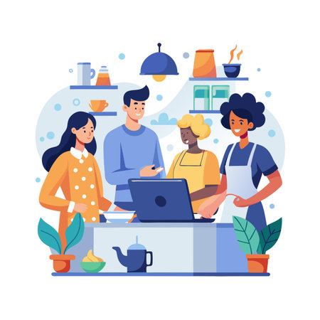 Diverse team collaborating in a kitchen setting, utilizing a laptop for recipe planningのイラスト素材