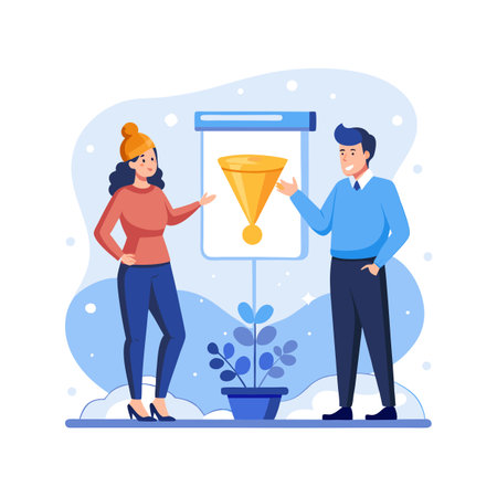 Sales funnel presentation with two business professionals in a flat vector illustration styleのイラスト素材