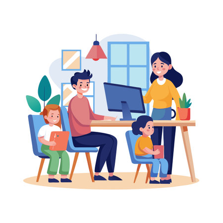 Family Togetherness: Parents Working from Home While Children Study â Flat Vector Illustrationのイラスト素材