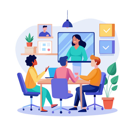 Team meeting with colleagues during video call, online conference vector illustration designのイラスト素材