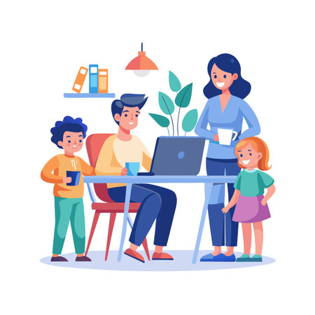 Family working from home illustration with father at computer and mother and children nearbyのイラスト素材