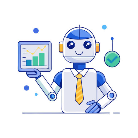 Cartoon robot showing business analytics on tablet with checkmark approval badge symbolのイラスト素材