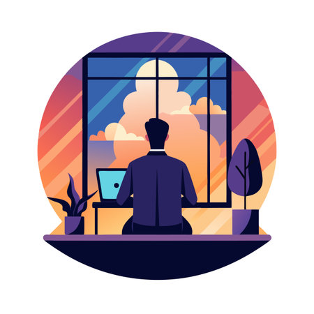 Illustration of professional working at laptop looking out window at sunrise or sunsetのイラスト素材