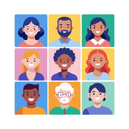 Diverse Faces in Colorful Squares: A Flat Vector Illustration of Nine Portraits