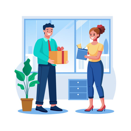 Business Colleagues Exchanging Gifts in Modern Office Illustration with Geometric Flat Designのイラスト素材
