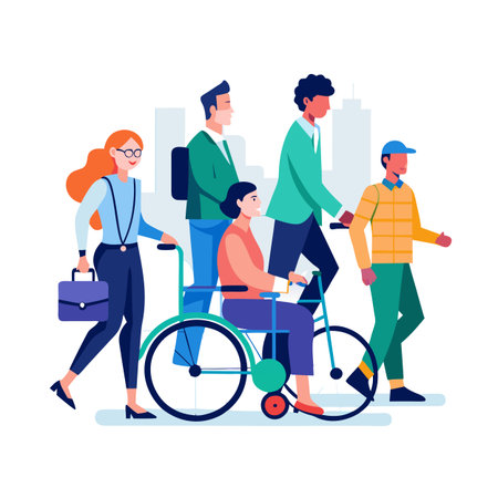 Diverse group of business professionals walking with colleague in wheelchair against city backdropのイラスト素材