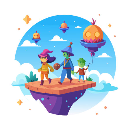 Fantasy world illustration of characters on floating islands with fantasy creatures and vibrant colorsのイラスト素材