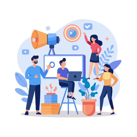 Teamwork and Collaboration: Diverse Team Working on Business Strategy with Laptop and Megaphoneのイラスト素材