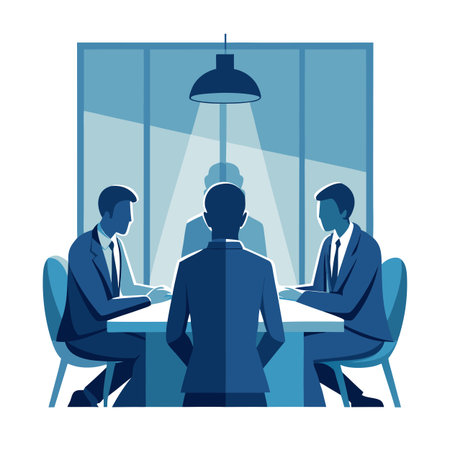 Business Meeting Illustration with Blue Tones: Collaborative Discussion and Strategyのイラスト素材