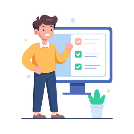 Young man presenting completed checklist on monitor, flat design illustration for web and appのイラスト素材