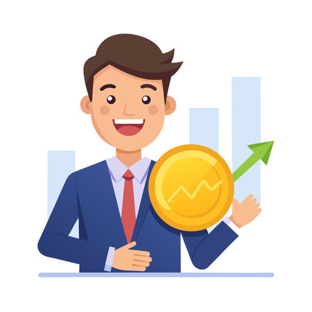 Business success concept, smiling man in suit holding golden coin with rising arrow.のイラスト素材