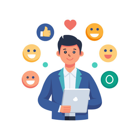 Man with Tablet Surrounded by Social Media Icons Illustrating Digital Engagement and Connectivityのイラスト素材