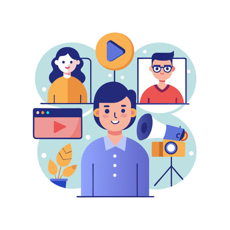 Video Conference Call with Influencer Marketing and Content Creation Concept in Flat Styleのイラスト素材