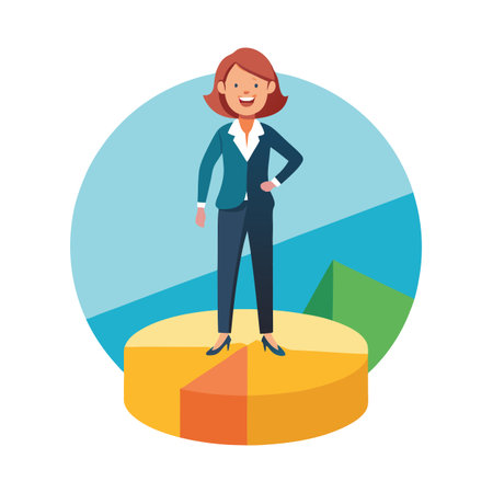 Businesswoman Standing Atop a Pie Chart, Illustrating Success and Growth in Data Presentationのイラスト素材