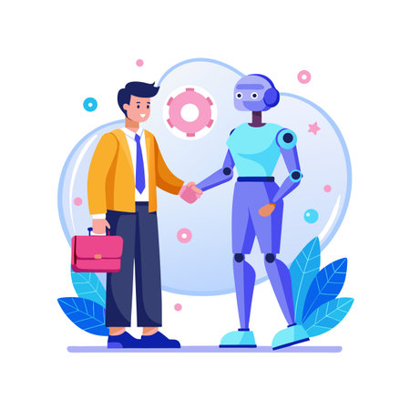 Human and Robot Collaboration: Flat Vector Illustration of Handshake in a Modern Settingのイラスト素材