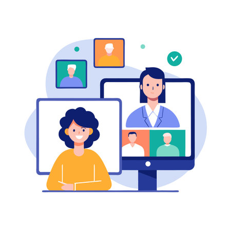 Online Video Conference Meeting with Diverse Participants on Desktop Computers in a Flat Designのイラスト素材