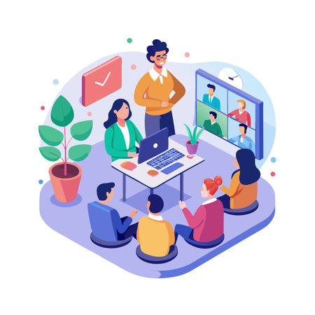 Team meeting with colleagues via video conference showcasing flat vector illustration.のイラスト素材