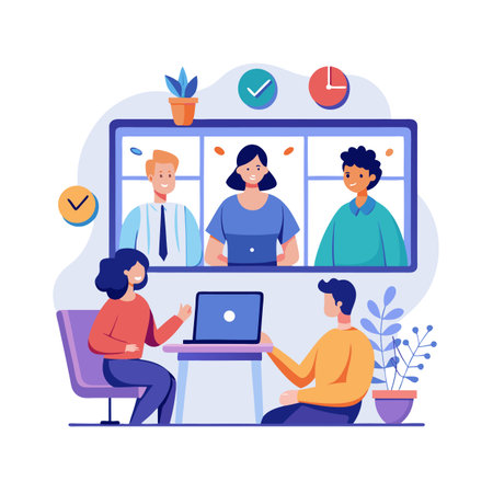 Virtual Meeting Illustration: Team Collaboration and Remote Communication for Business Solutionsのイラスト素材