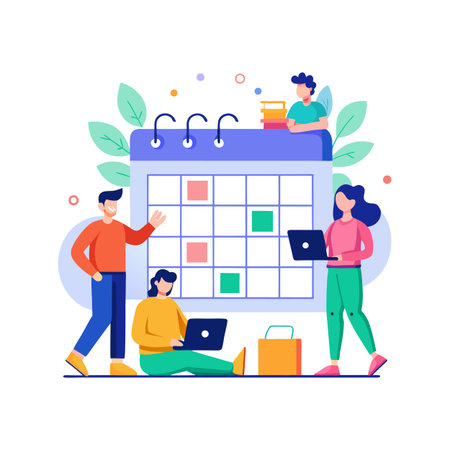 Team planning project deadlines collaboratively using a calendar in a vector illustration styleのイラスト素材