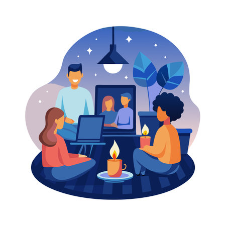 Digital Friends: Group of People Video Conferencing at Night with Candles and Laptopのイラスト素材