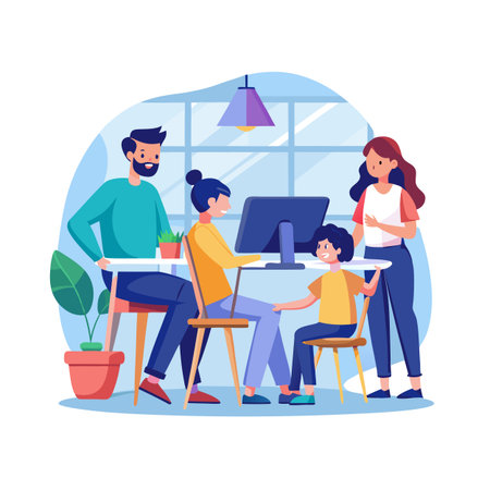 Family working from home together, using computer, spending time together in flat style illustration.のイラスト素材