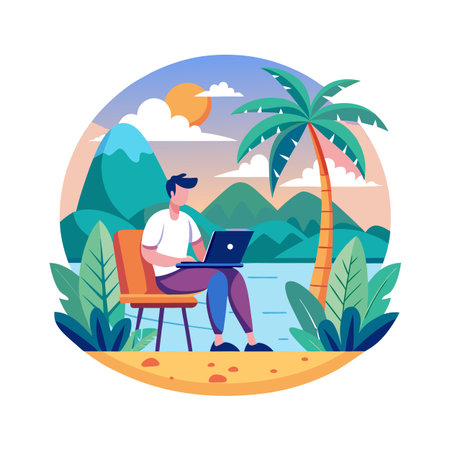 Freelancer Working on Tropical Beach, Digital Nomad Lifestyle, Vacation, Remote Workのイラスト素材