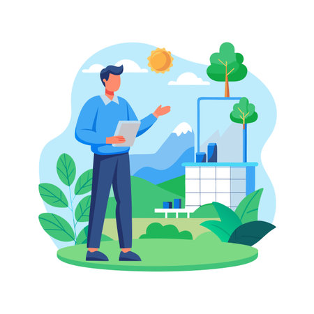 Architect presenting sustainable building design with nature integration in a flat vector illustrationのイラスト素材