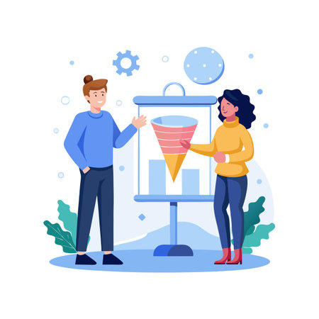 Flat illustration of business meeting discussing a sales funnel and data analysisのイラスト素材