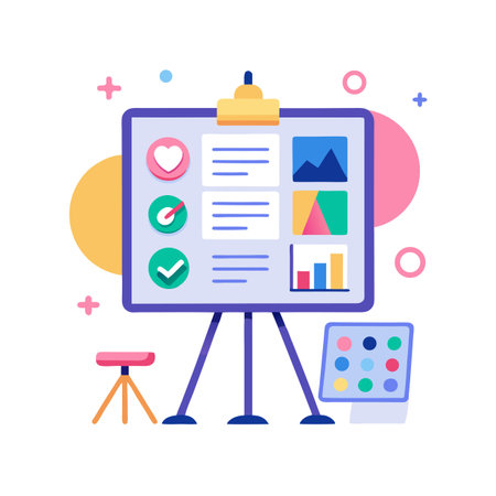 Flat illustration of a presentation board with data visualization, a stool and a deviceのイラスト素材